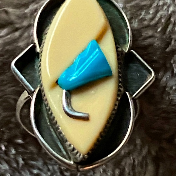 Vintage Navajo Sterling silver & antler bone with enamel turquoise inset ring - Picture 3 of 8